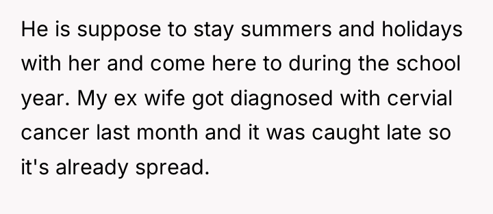 He is suppose to stay summers and holidays with her...