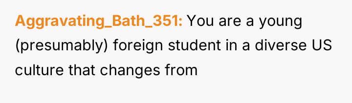 Aggravating_Bath_351 You are a young (presumably) foreign student in a...