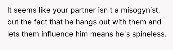 It seems like your partner isn't a misogynist, but the...