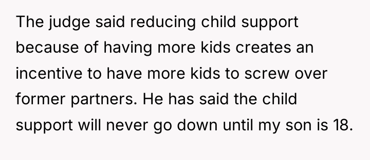 The judge said reducing child support because of having more...