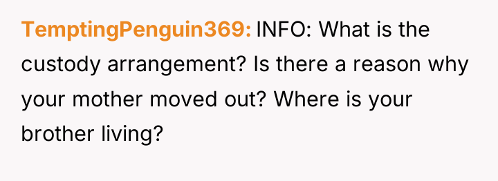 TemptingPenguin369 INFO: What is the custody arrangement? Is there a...