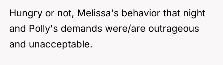 Hungry or not, Melissa's behavior that night and Polly's demands...