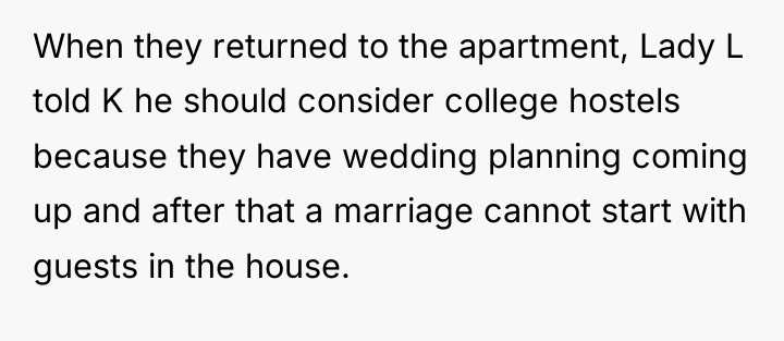 When they returned to the apartment, Lady L told K...