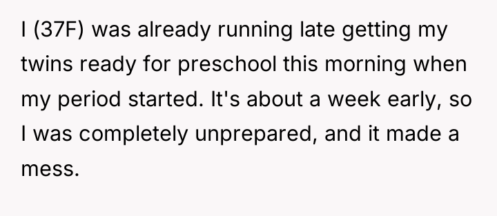 I (37F) was already running late getting my twins ready...