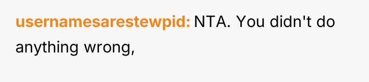 usernamesarestewpid NTA. You didn't do anything wrong,