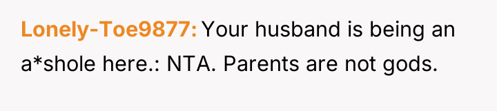Lonely-Toe9877 Your husband is being an a*shole here.: NTA. Parents...