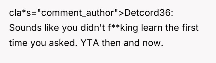cla*s="comment_author">Detcord36: Sounds like you didn't f**king learn the first time...