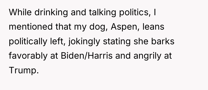 While drinking and talking politics, I mentioned that my dog,...