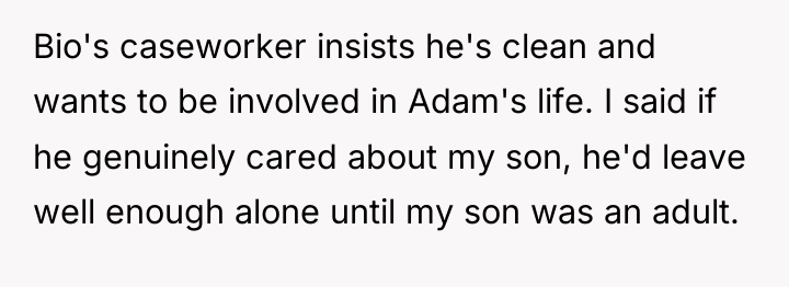 Bio's caseworker insists he's clean and wants to be involved...