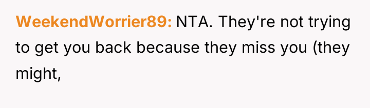 WeekendWorrier89 NTA. They're not trying to get you back because...
