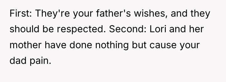 First: They're your father's wishes, and they should be respected....
