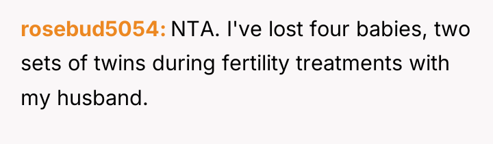 rosebud5054 NTA. I've lost four babies, two sets of twins...