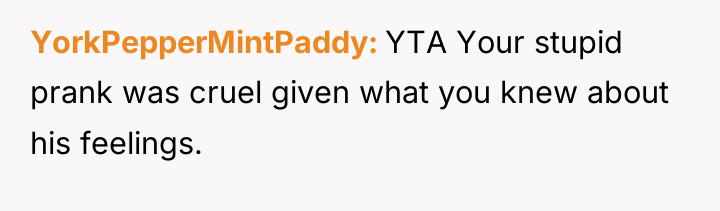 YorkPepperMintPaddy YTA Your stupid prank was cruel given what you...