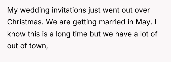 My wedding invitations just went out over Christmas. We are...