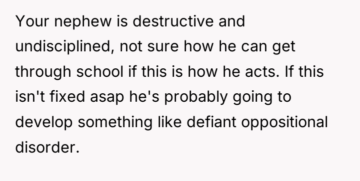 Your nephew is destructive and undisciplined, not sure how he...