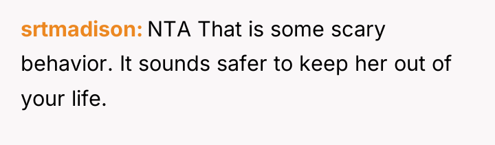 srtmadison NTA That is some scary behavior. It sounds safer...