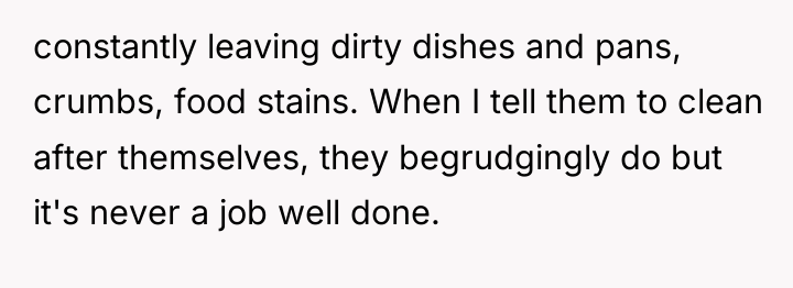 constantly leaving dirty dishes and pans, crumbs, food stains. When...