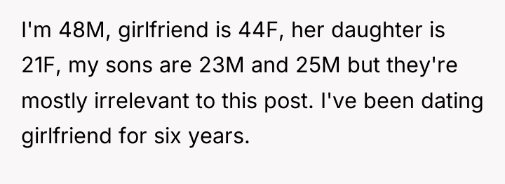 I'm 48M, girlfriend is 44F, her daughter is 21F, my...