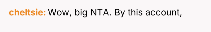 cheltsie Wow, big NTA. By this account,