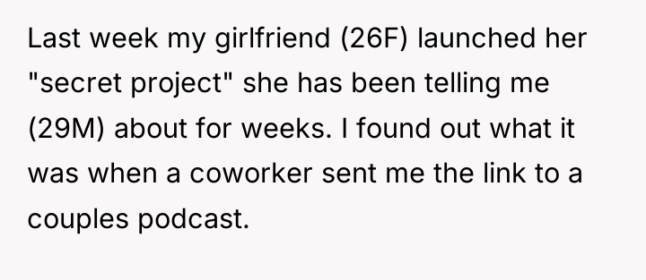 Last week my girlfriend (26F) launched her "secret project" she...