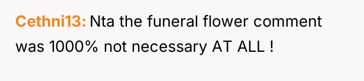 Cethni13 Nta the funeral flower comment was 1000% not necessary...