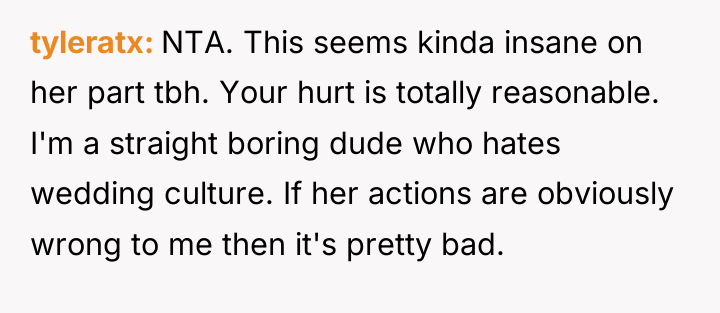 tyleratx NTA. This seems kinda insane on her part tbh....