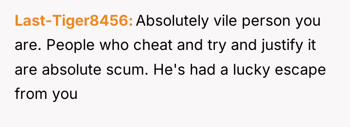 Last-Tiger8456 Absolutely vile person you are. People who cheat and...