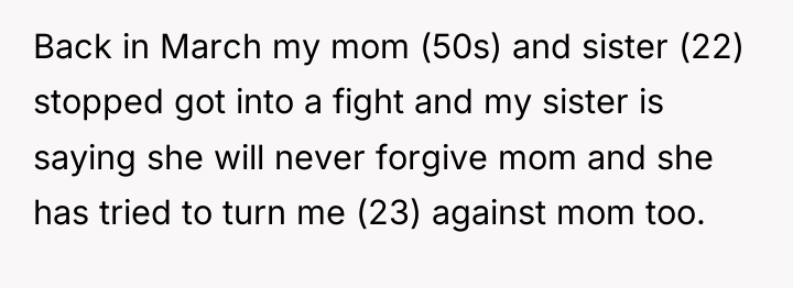Back in March my mom (50s) and sister (22) stopped...