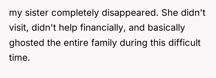 my sister completely disappeared. She didn't visit, didn't help financially,...