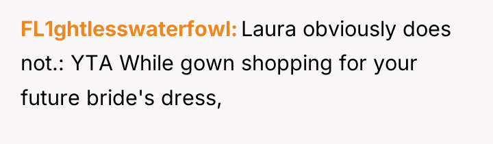 FL1ghtlesswaterfowl Laura obviously does not.: YTA While gown shopping for...
