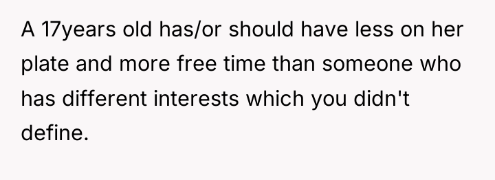 A 17years old has/or should have less on her plate...