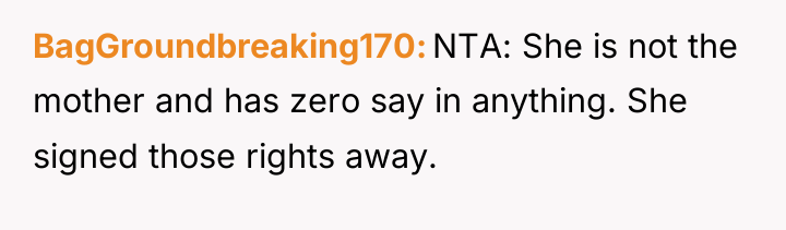 BagGroundbreaking170 NTA: She is not the mother and has zero...