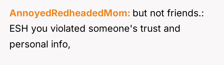 AnnoyedRedheadedMom but not friends.: ESH you violated someone's trust and...