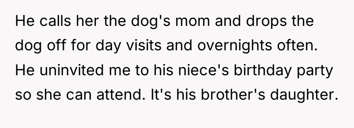 He calls her the dog's mom and drops the dog...