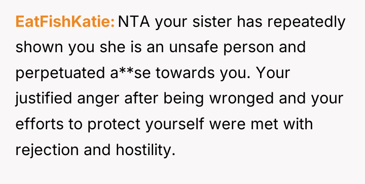 EatFishKatie NTA your sister has repeatedly shown you she is...