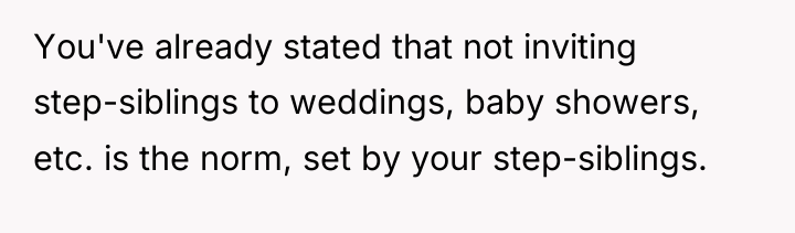 You've already stated that not inviting step-siblings to weddings, baby...