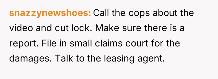 snazzynewshoes Call the cops about the video and cut lock....