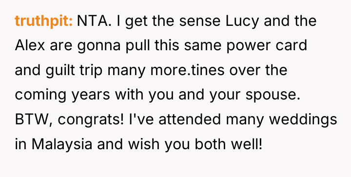 truthpit NTA. I get the sense Lucy and the Alex...