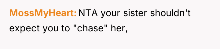 MossMyHeart NTA your sister shouldn't expect you to "chase" her,