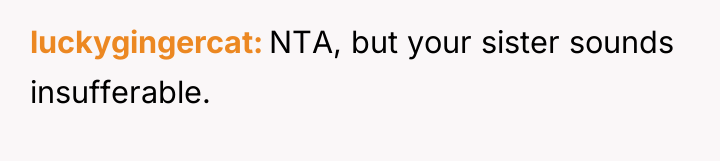 luckygingercat NTA, but your sister sounds insufferable.