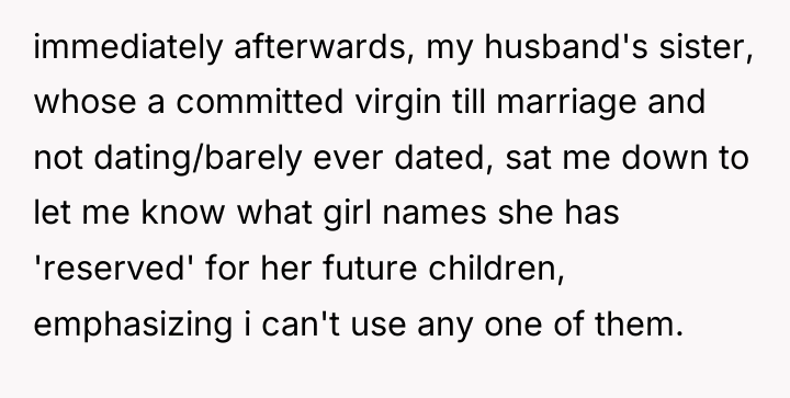 immediately afterwards, my husband's sister, whose a committed virgin till...