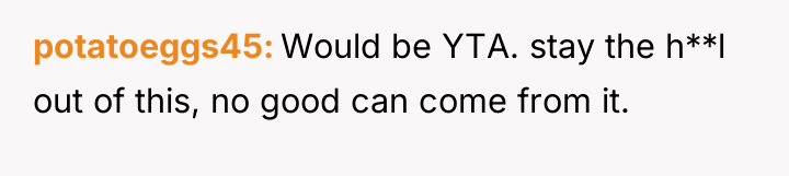potatoeggs45 Would be YTA. stay the h**l out of this,...