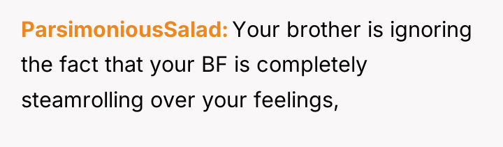 ParsimoniousSalad Your brother is ignoring the fact that your BF...