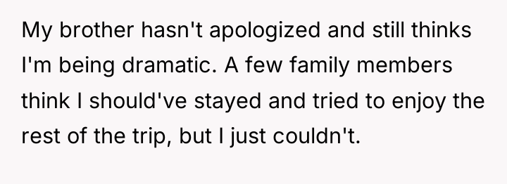My brother hasn't apologized and still thinks I'm being dramatic....