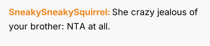SneakySneakySquirrel She crazy jealous of your brother: NTA at all.