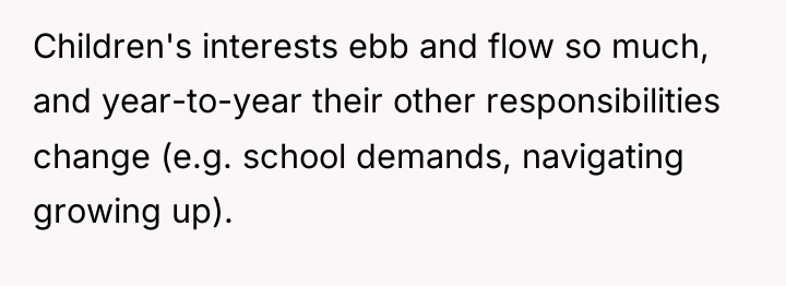 Children's interests ebb and flow so much, and year-to-year their...