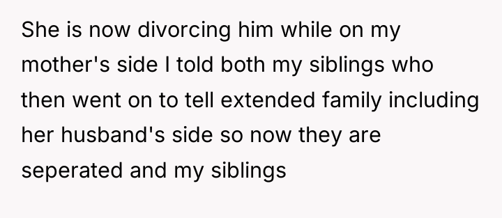 She is now divorcing him while on my mother's side...