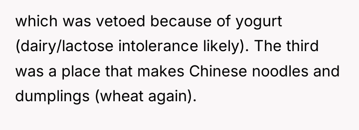 which was vetoed because of yogurt (dairy/lactose intolerance likely). The...