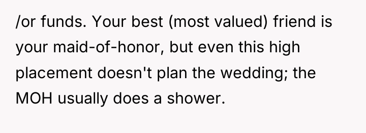 /or funds. Your best (most valued) friend is your maid-of-honor,...