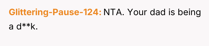 Glittering-Pause-124 NTA. Your dad is being a d**k.